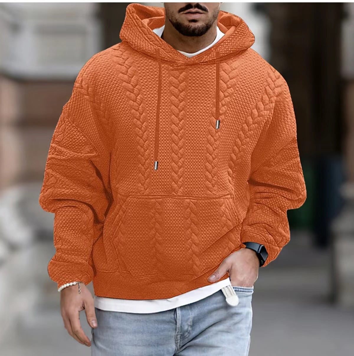 Threebooy Autumn Solid Jacquard Print Hoodie For Men Long sleeved Lace Up Hooded Pullover Casual Loose Oversize Tops Men's Clothing