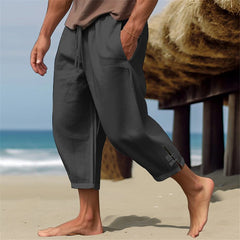 Threebooy Summer Mens Linen Cropped Pants Oversize Loose Feet Forked Pencil Pant Fashion Casual Pantalones Beach Trousers Streetwear