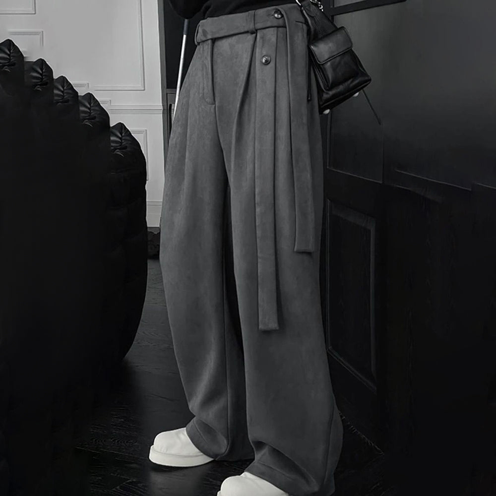 Threebooy Mens Suede Ribbon Casual Pants Spring Streetwear Fashion Youth Campus Luxury Old Money Men Wide Leg Pants Men'S Wear 2025 New