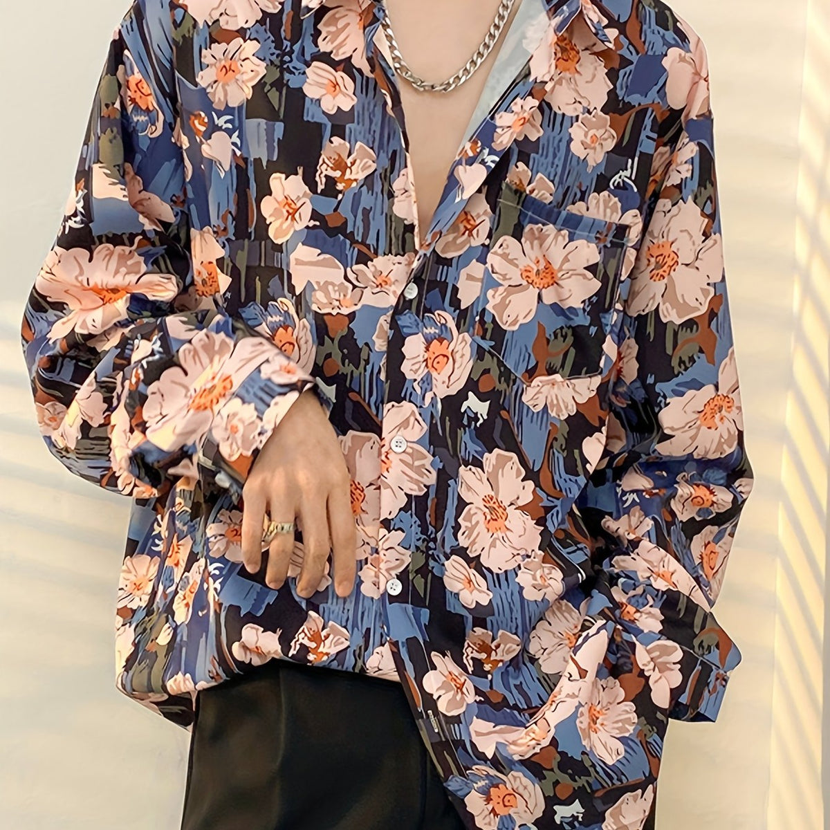 Threebooy Men's Vibrant Floral Button-Up Shirt - Retro & Casual Style, All-Season Polyester Fabric, Ideal for City Walks, Parties, Beach Outings & Anniversaries - Machine Washable, Loose Fit with Long Sleeves, Party Fashion|C