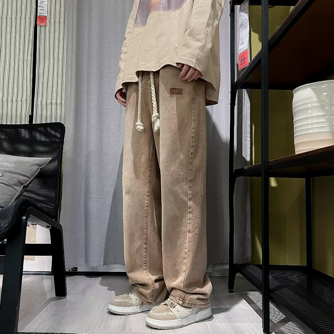 Threebooy High Street Jeans Men Elastic Waist With Large Drawstring Straight Pants Fashion Casual Loose Wide Leg Denim Trousers Streetwear