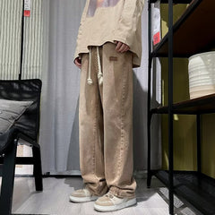 Threebooy High Street Jeans Men Elastic Waist With Large Drawstring Straight Pants Fashion Casual Loose Wide Leg Denim Trousers Streetwear