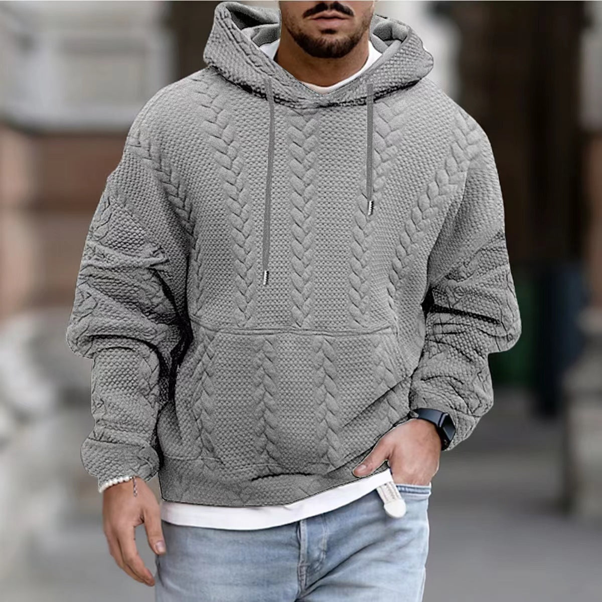 Threebooy Autumn Solid Jacquard Print Hoodie For Men Long sleeved Lace Up Hooded Pullover Casual Loose Oversize Tops Men's Clothing