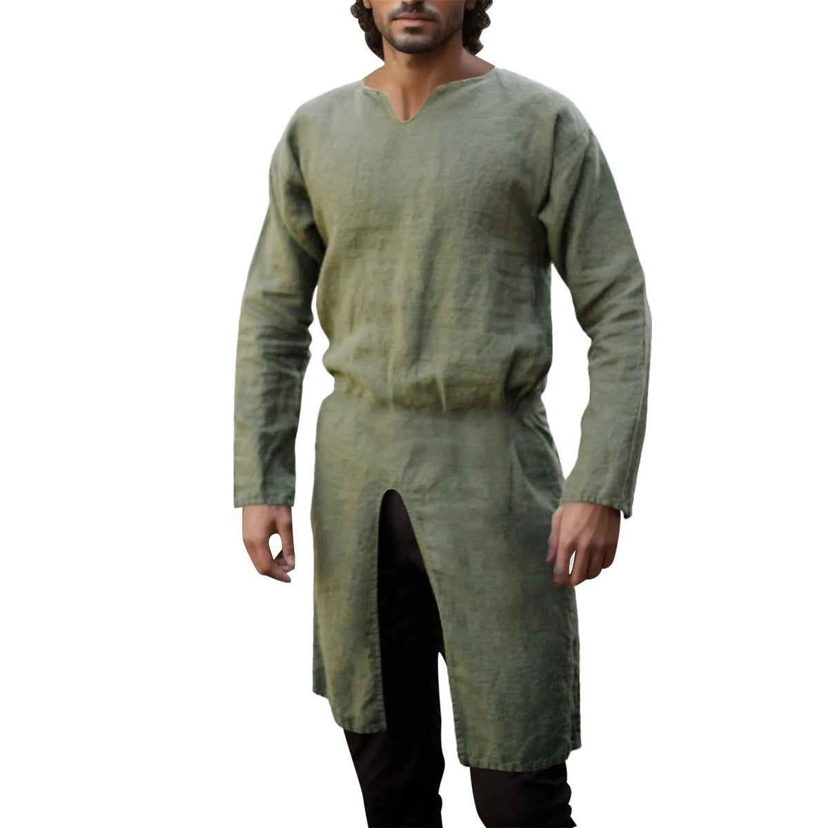Threebooy Streetwear Long Sleeve Tshirt For Men European Medieval Knight Top Vintage Loose V-neck Split Long Gown Pullover
