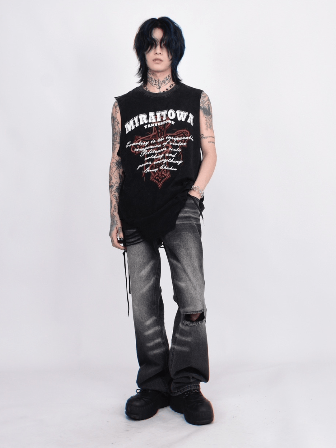 Threebooy [Mz] washed hole design high street t-shirt na1260