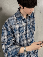 Threebooy [JM HOMME] distressed raw edge plaid shirt na836