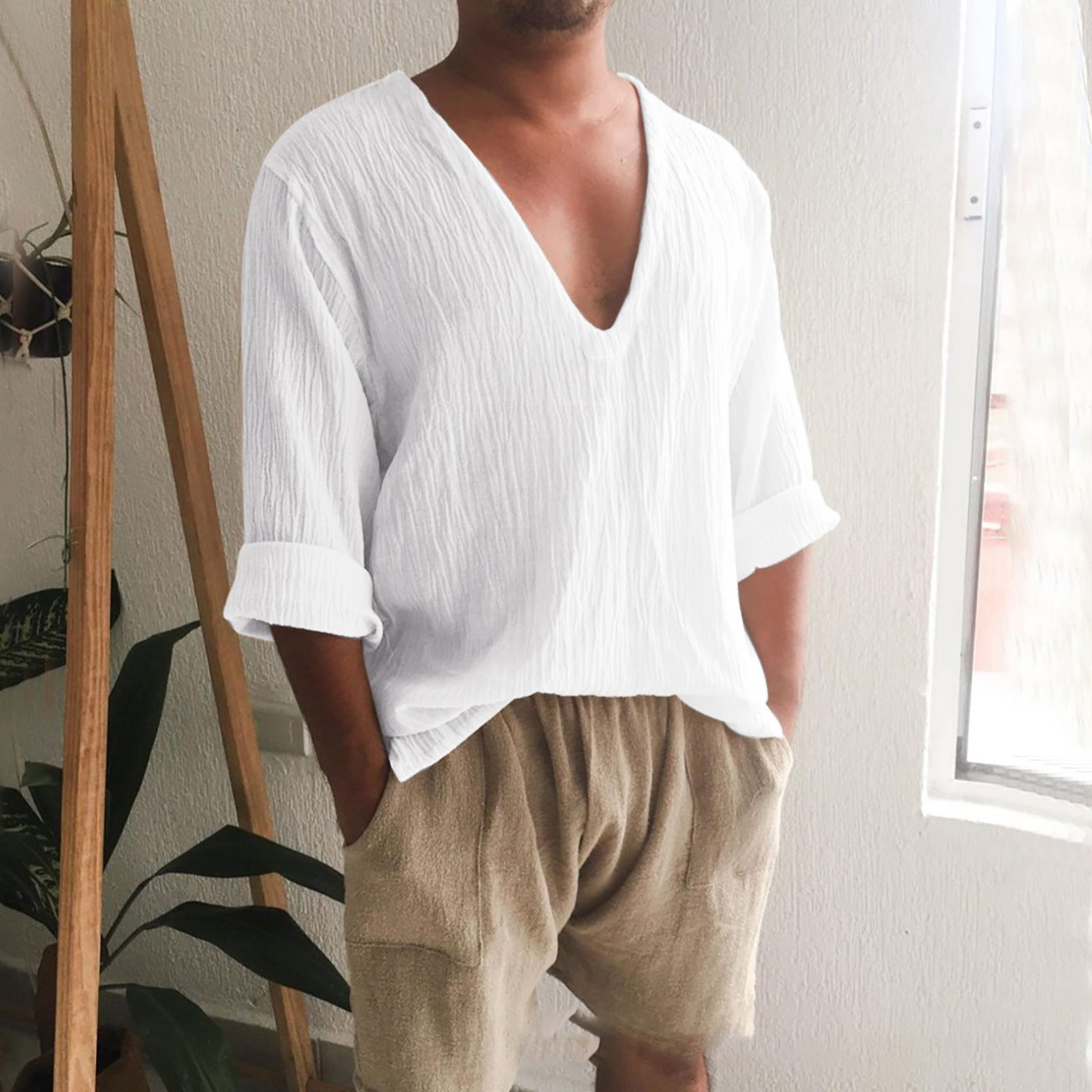 Threebooy Spring Summer Mens V Neck Cotton Linen T-shirt Loose Solid Long Sleeve Pullovers Tops Fashion Casual Clothing Streetwear