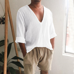 Threebooy Spring Summer Mens V Neck Cotton Linen T-shirt Loose Solid Long Sleeve Pullovers Tops Fashion Casual Clothing Streetwear