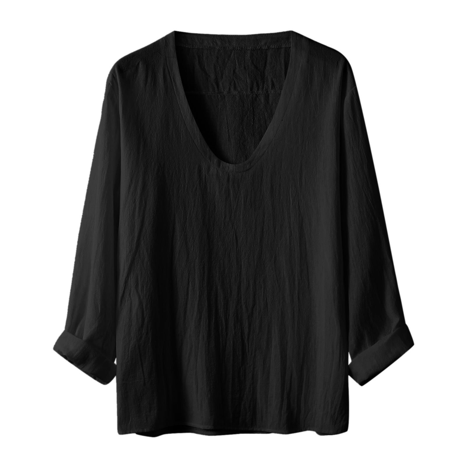 Threebooy Spring Summer Mens V Neck Cotton Linen T-shirt Loose Solid Long Sleeve Pullovers Tops Fashion Casual Clothing Streetwear