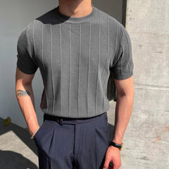 Threebooy Summer Men Knit Ice silk T shirts High Quality Solid Color Stripe Short sleeve O-neck Tee Tops Mens Thin Slim Fit T-Shirts