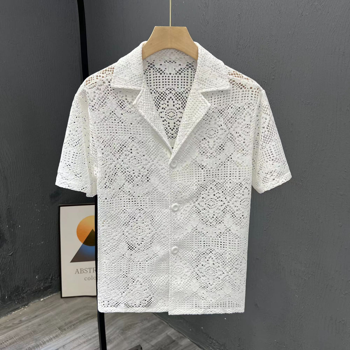 Threebooy Vintage Ice Silk Lace Shirts For Men Sexy Lace Breathable Hollow Out Tops Summer Fashion Cuban Collar Short Sleeved Shirt Male