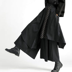 Threebooy Mens Dark Style Double Layer Irregular Skirts New Genderless Casual Fashion Youth Loose Solid Color Wide Leg Pants Unisex