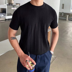 Threebooy Summer New Men Knited Short Sleeve T-shirts High Quality O-neck Tees Tops Pullovers Solid Stripe Slim Fit T-Shirts Male Clothing