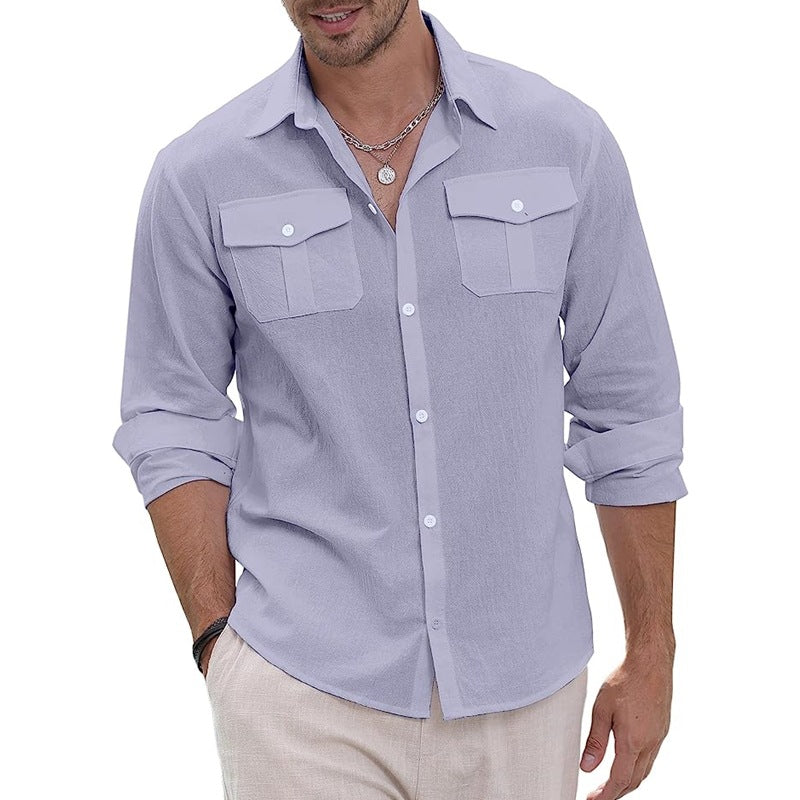 Threebooy Cotton Linen Men Shirt Solid Color Double Pocket Long Sleeve Top Spring Summer Fashion Casual Beach Breathable Comfortable Shirt