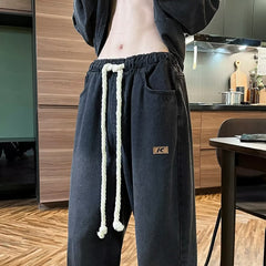Threebooy High Street Jeans Men Elastic Waist With Large Drawstring Straight Pants Fashion Casual Loose Wide Leg Denim Trousers Streetwear