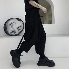 Threebooy Y2k Gothic Style Big Pocket Ribbon Harem Pants New Fashion Personality Daily Casual Dark Style Eight-Point Trousers Unisex