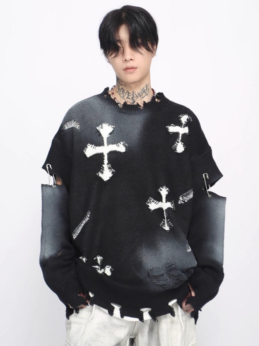 Threebooy 【Mz】high street broken hole cross pin knit na1547