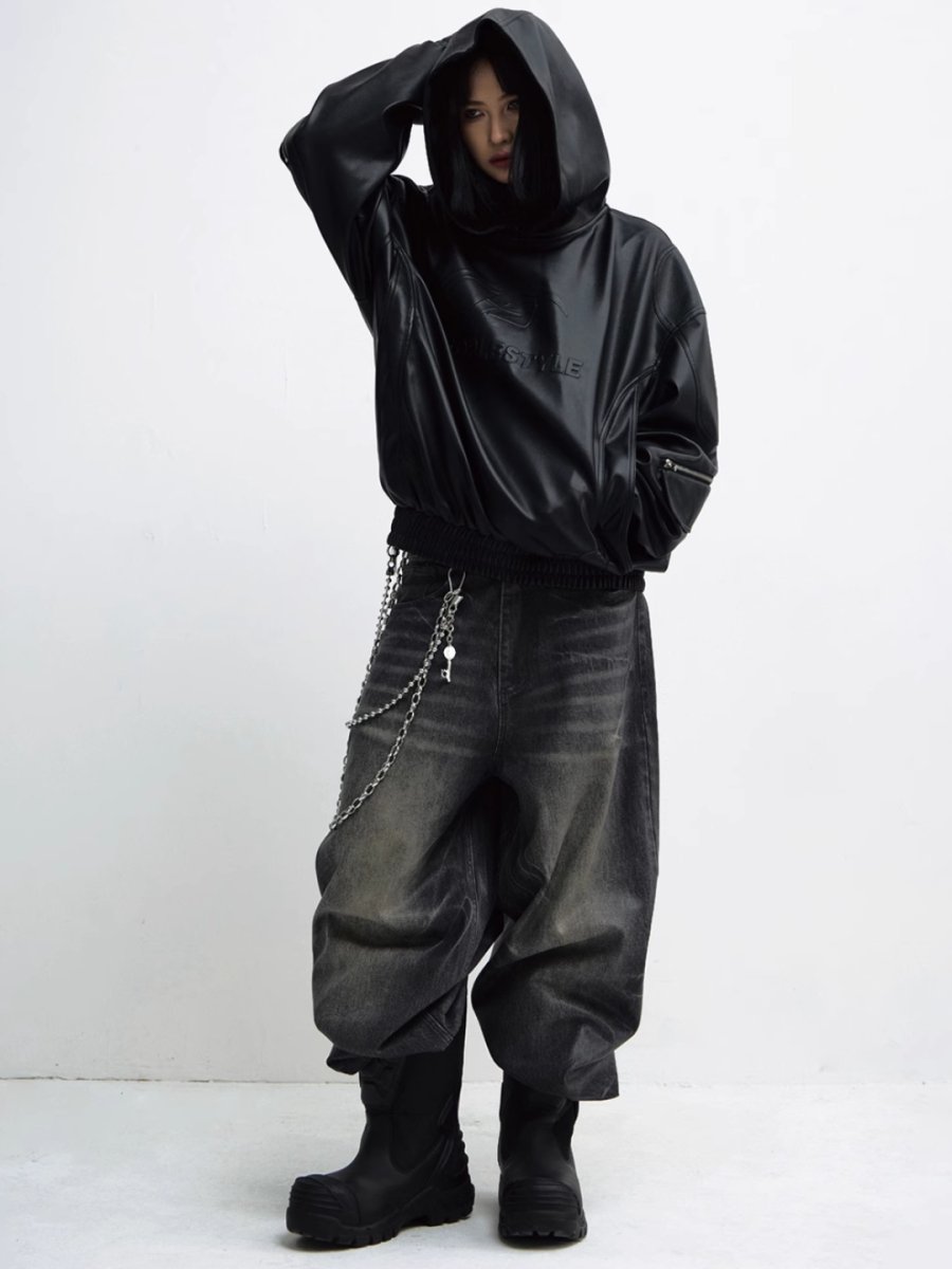 Threebooy [PEOPLESTYLE] PU Leather Black Hooded na1653