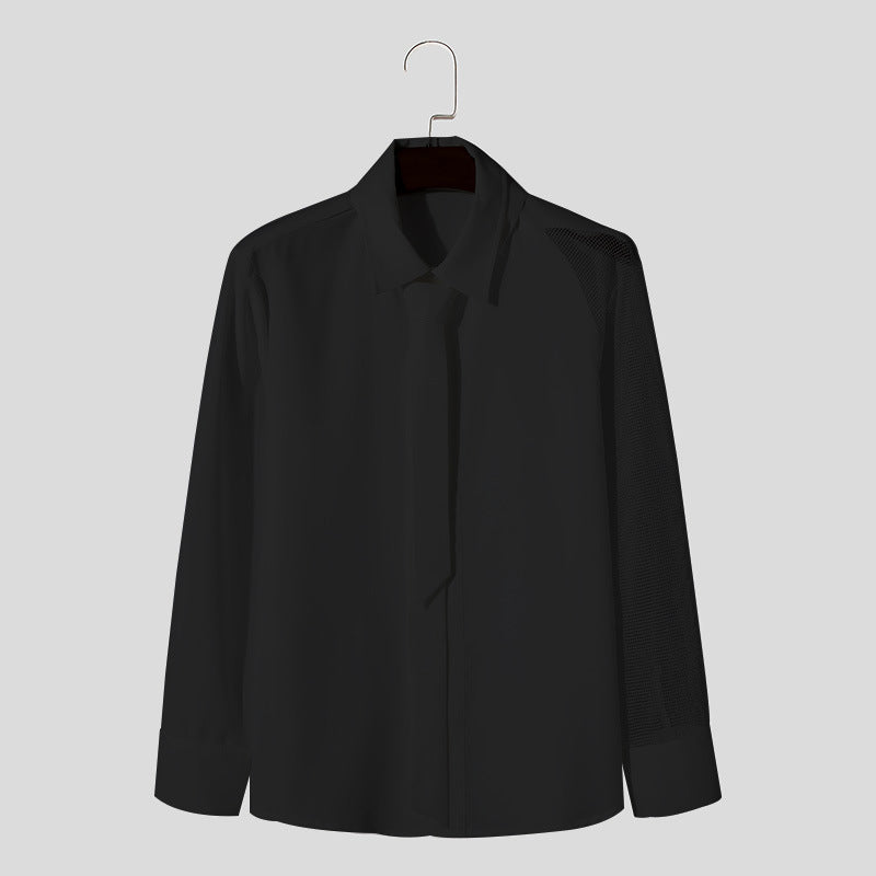 Threebooy 2025 New French Style Shirt For Men Spring Summer Long Sleeve Top With Tie Fashion Mesh Patchwork Banquet Gentleman Shirts