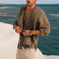 Threebooy Vintage Men Loose Solid Shirts Stand Collar Long Sleeve Tops Spring Summer Casual Cardigan Retro Shirt Mens Clothes Streetwear