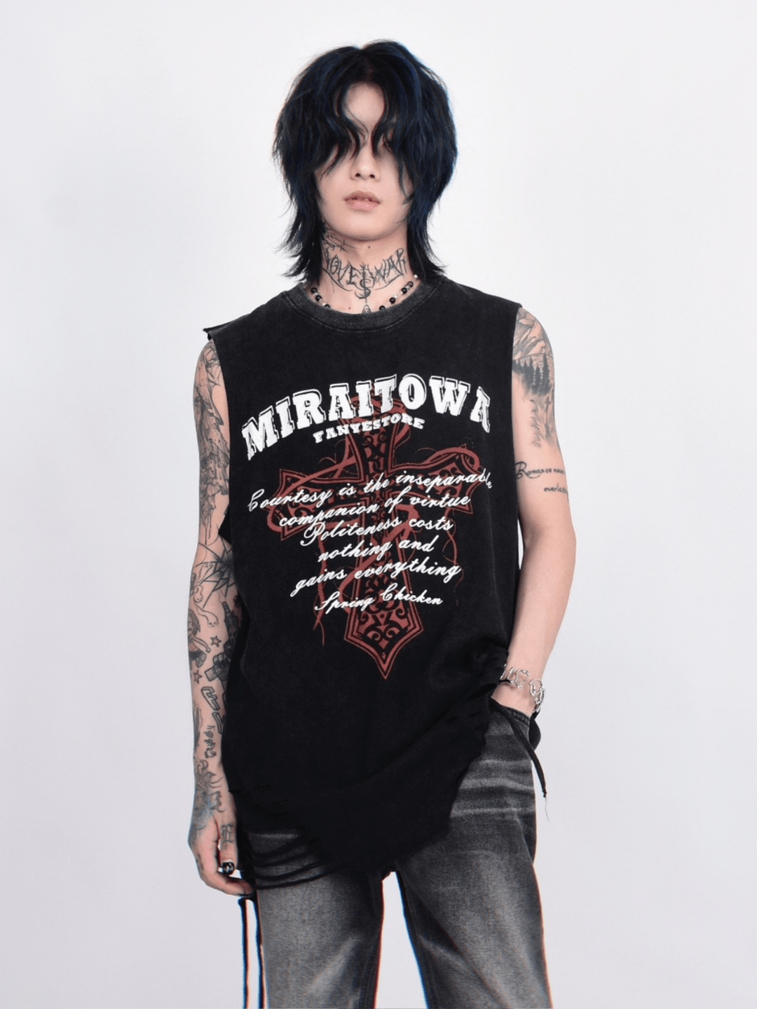 Threebooy [Mz] washed hole design high street t-shirt na1260