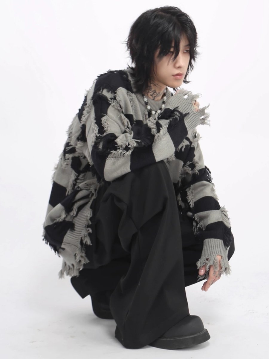 Threebooy [Mz] holes striped casual knitwear na1476