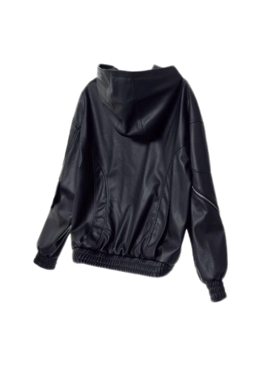 Threebooy [PEOPLESTYLE] PU Leather Black Hooded na1653