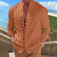 Threebooy Vintage Mens 100% Cotton Linen Shirts Long-Sleeved Stand Collar Casual Tops Spring Summer Fashion Men Clothing Retro Shirt