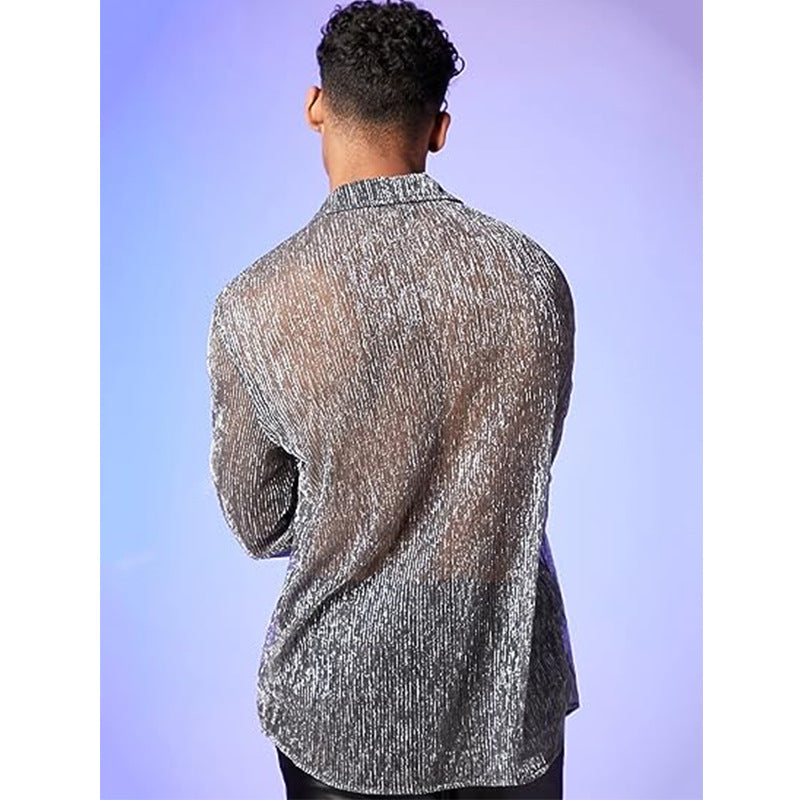 Threebooy Spring Summer Fashion Men Long Sleeve Drop Shoulder Shirts Nightclub Perspective Mesh Cardigan Tops Sexy Shirt Streetwear