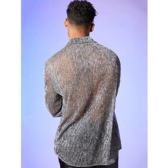 Threebooy Spring Summer Fashion Men Long Sleeve Drop Shoulder Shirts Nightclub Perspective Mesh Cardigan Tops Sexy Shirt Streetwear