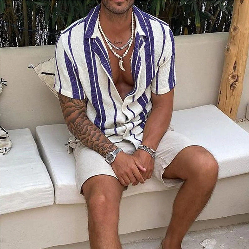 Threebooy New Men's Slub Cotton Shirt Stripe Short Sleeve Collar Cardigan Summer Fashion Loose Oversize Shirts Top Streetwear Male