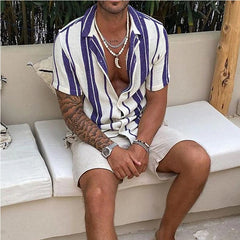Threebooy New Men's Slub Cotton Shirt Stripe Short Sleeve Collar Cardigan Summer Fashion Loose Oversize Shirts Top Streetwear Male