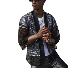 Threebooy Mesh See-through Fishnet Mens Shirt Cardigan Fashion Sexy Shawl Nightclub Wear Tops 3/4 Sleeve Camisas Streetwear For Men