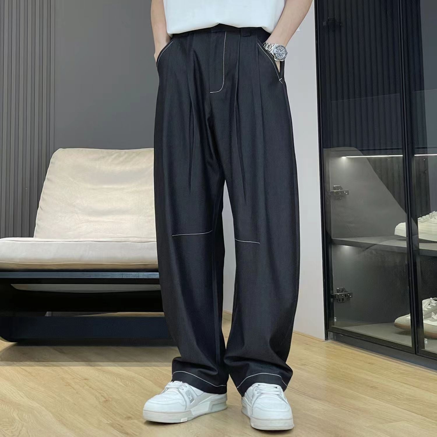 Threebooy Advanced Hanging Thin Jeans Men Casual Loose Curved Knife Pants Summer Fashion High Street Comfortable Denim Trousers Streetwear