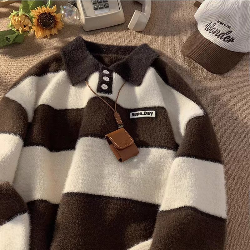 Threebooy Retro Striped Knitted Polo Shirt Men Autumn Winter Thick Contrast Color Sweater Japanese Lazy Style Loose Trendy Knit Tops