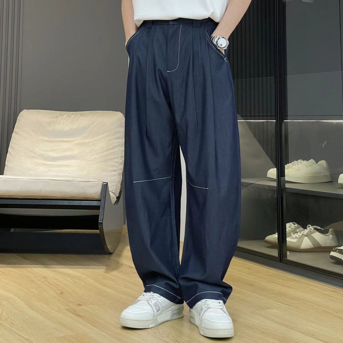 Threebooy Advanced Hanging Thin Jeans Men Casual Loose Curved Knife Pants Summer Fashion High Street Comfortable Denim Trousers Streetwear