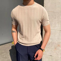 Threebooy Summer New Men Knited Short Sleeve T-shirts High Quality O-neck Tees Tops Pullovers Solid Stripe Slim Fit T-Shirts Male Clothing
