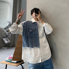 Threebooy Denim Patchwork White Shirt Men Lapel Long Sleeve Button Loose Tops Spring Autumn Fashion Vintage Shirts Streetwear Male