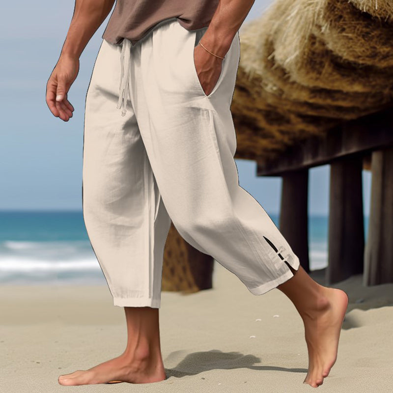 Threebooy Summer Mens Linen Cropped Pants Oversize Loose Feet Forked Pencil Pant Fashion Casual Pantalones Beach Trousers Streetwear