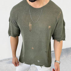 Threebooy Summer Men Sweater Thin Short Sleeve O-neck Knitted T-shirt Tops Casual Hollow Loose Knit Shirt Pullover Male Streetwear