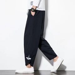 Threebooy Mens Cotton Linen Casual Pants Chinese Style Crane Embroidery Harlan Cropped Pants Spring Summer Fashion Loose Retro Trousers