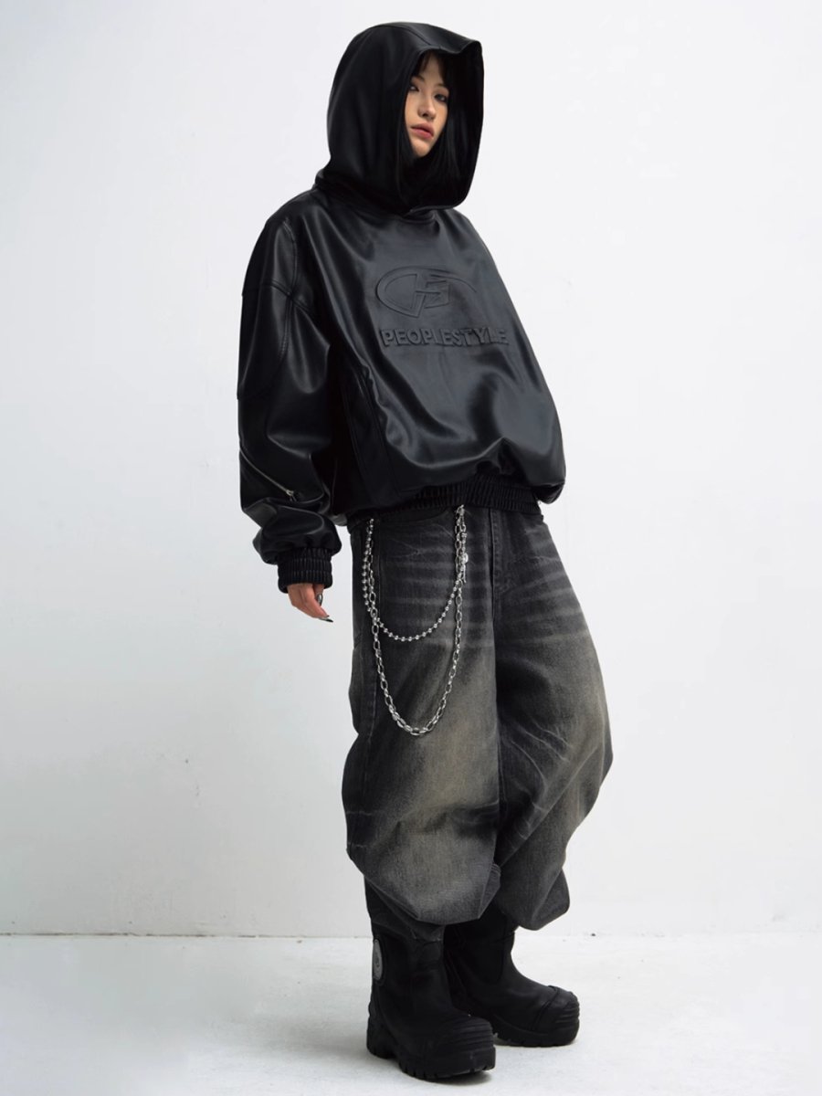 Threebooy [PEOPLESTYLE] PU Leather Black Hooded na1653