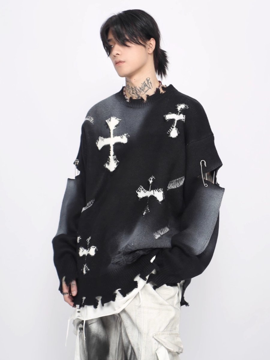 Threebooy 【Mz】high street broken hole cross pin knit na1547