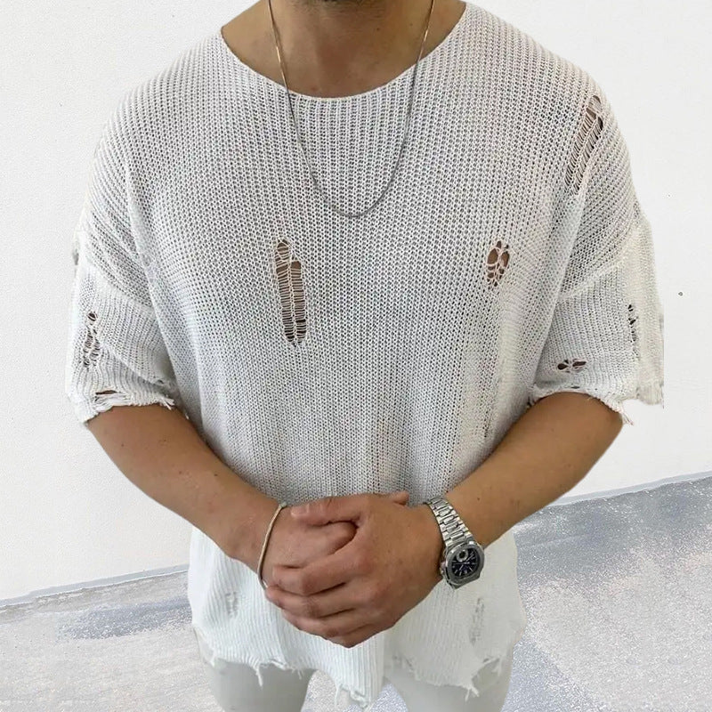 Threebooy Summer Men Sweater Thin Short Sleeve O-neck Knitted T-shirt Tops Casual Hollow Loose Knit Shirt Pullover Male Streetwear