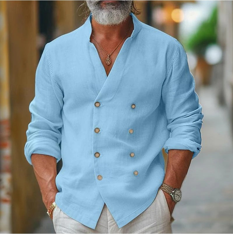 Threebooy Vintage Cotton Linen Double Breasted Shirts Men Oversized Loose Long Sleeve Stand Collar Tops Spring Summer Home Casual Shirt