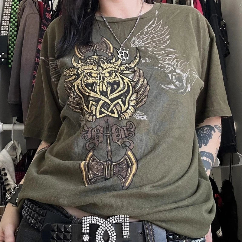 Threebooy 2000s Cyber Grunge Graphic T-shirt Y2K Star Skull Print Short Sleeve Tees Japanese Emo Vintage E girl Gothic T shirt Women Men
