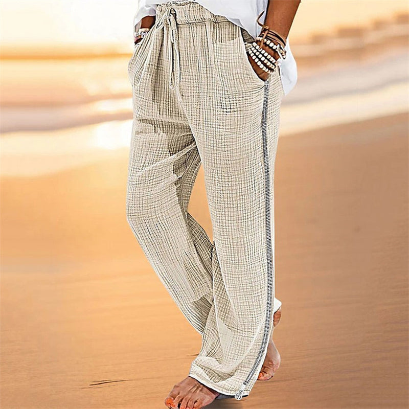 Threebooy Vintage Men Pleated Cotton Linen Casual Pants Drawstring Side Zip Elastic Waist Comfort Breathable Beach Trousers Straight Pants