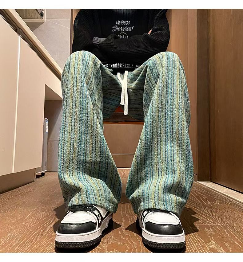Threebooy American Vintage Maillard Striped Casual Pants For Men Loose Straight Leg Wide Leg Trousers Autumn Winter Thick Woolen Pants