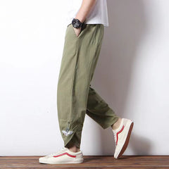 Threebooy Mens Cotton Linen Casual Pants Chinese Style Crane Embroidery Harlan Cropped Pants Spring Summer Fashion Loose Retro Trousers