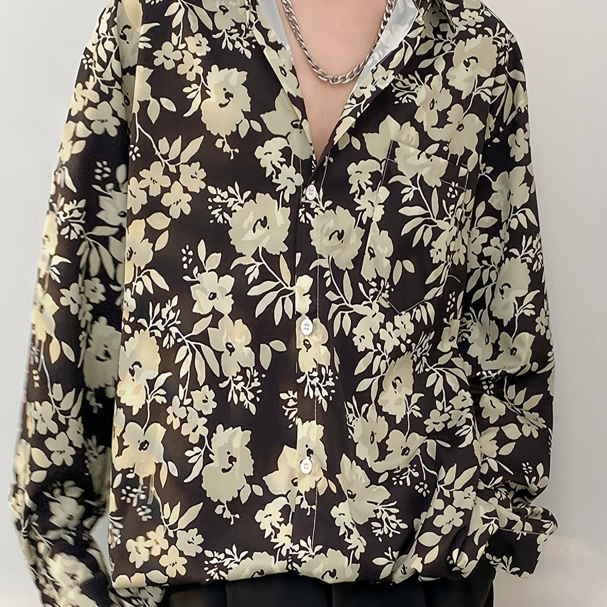 Threebooy [Elegant Style] Floral Print Long Sleeve Shirt - Casual Button-Up, Lightweight Polyester, Ideal for All Seasons, Perfect for City Walks, Street Outings, Parties, and Beach Activities, Floral Print Blouse